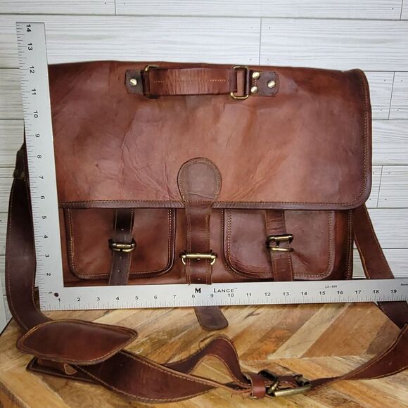 Genuine Leather Messenger Bag Rugged Mailbag Satchel Briefcase Laptop Shoulder - Picture 3 of 16